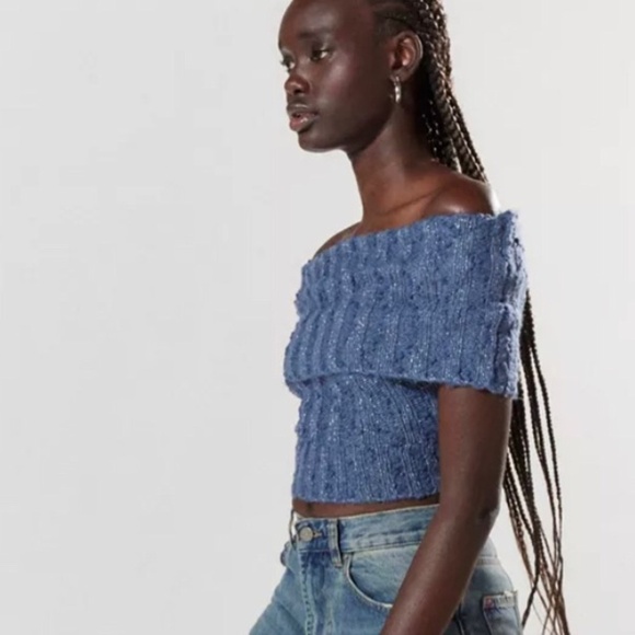 Silence + Noise urban outfitters Starlett‎ blue metallic Foldover Sweater size M - Picture 1 of 8
